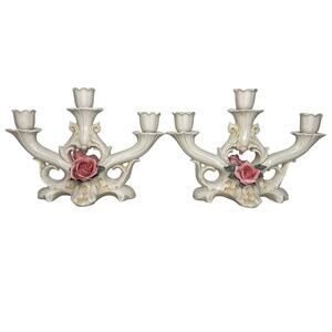 Vintage 30s Karl Ens Porcelain Rose 3 Arm Pair Candlesticks Candelabra Regency